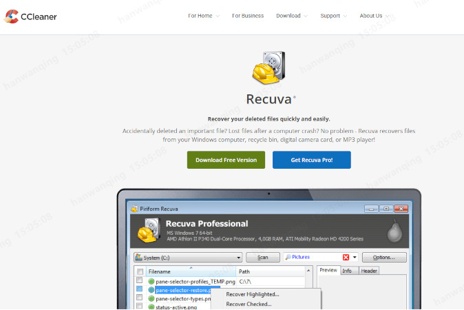 Page d’accueil de Recuva